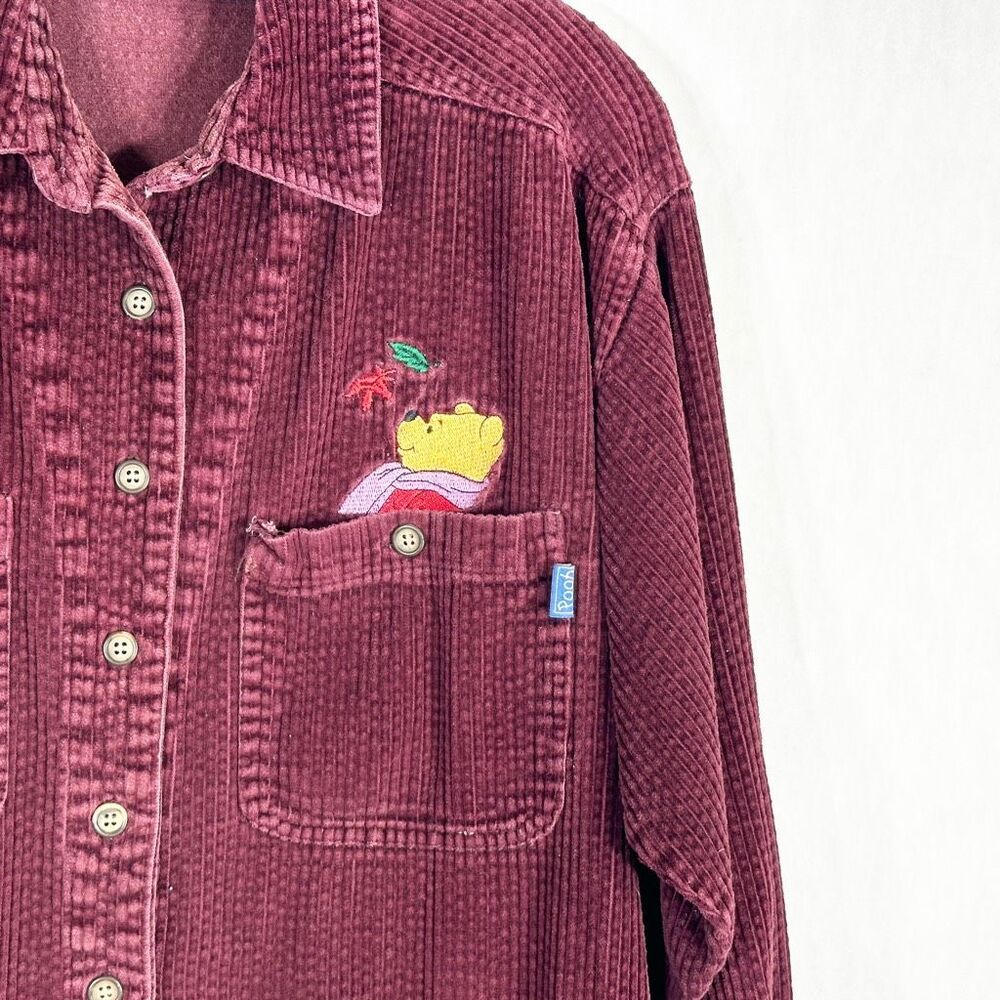 VTG Winnie the Pooh Medium Top Button Up Blouse Corduroy Embroidered Maroon 1394 - Picture 3 of 8